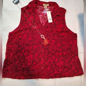 Notations red black floral sleeveless blouse button front NWT plus Size 3XL